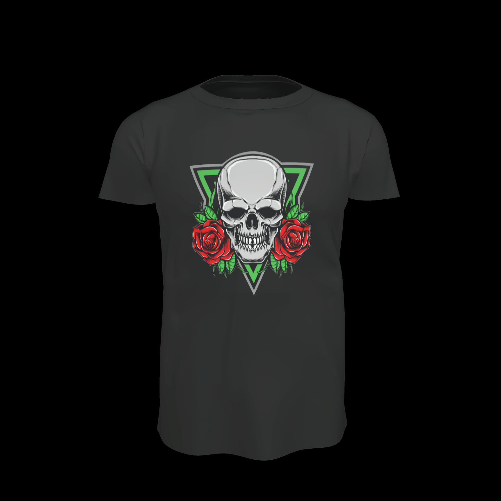 skull and roses design DTF print on a black tee hand pressed UK