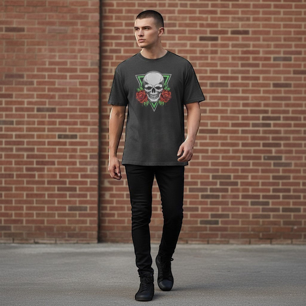 Male wearing Skull with Red Roses T-Shirt