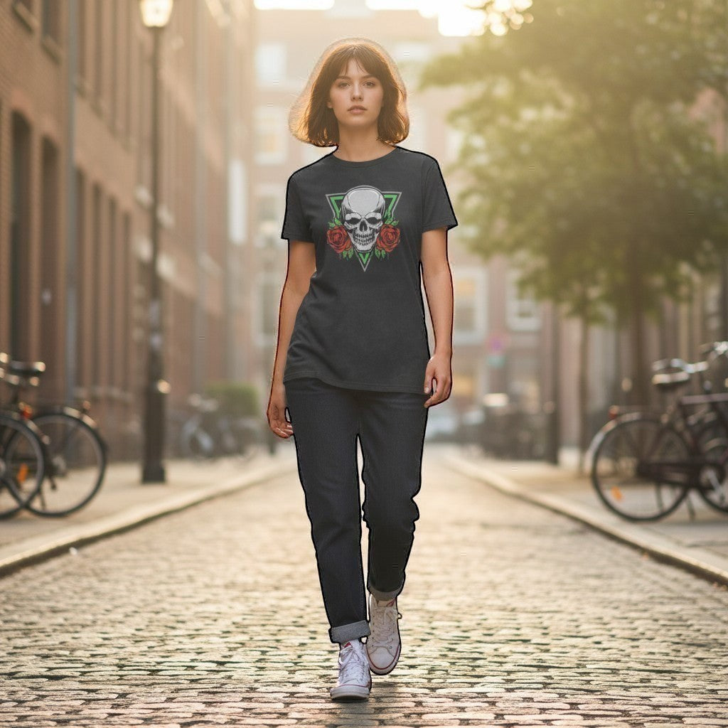 Women wearing Skull with Red Roses T-Shirt