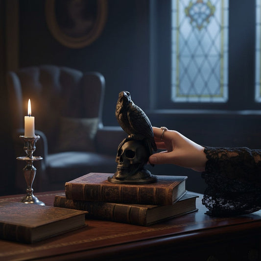 3D skull and raven on a gothic desk and room