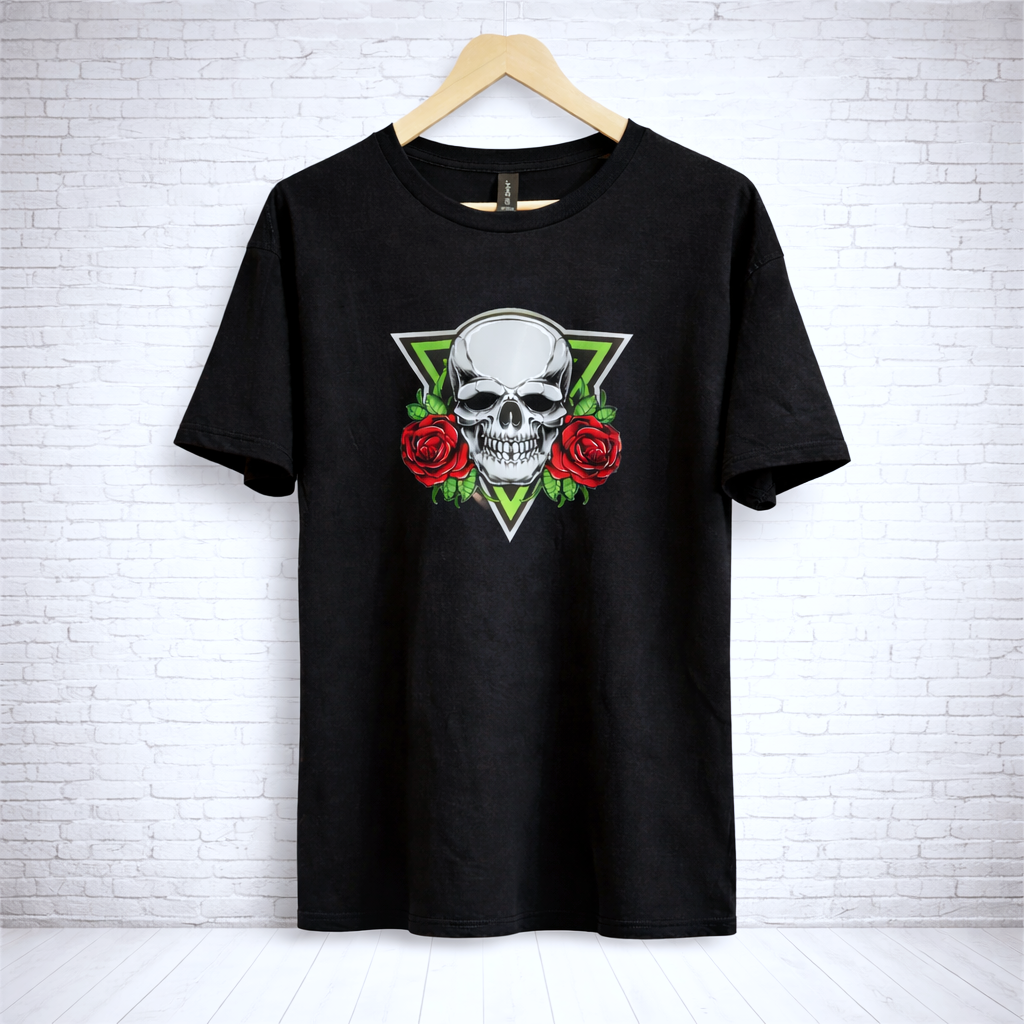 image of skull and roses on black tee hand pressed UK
