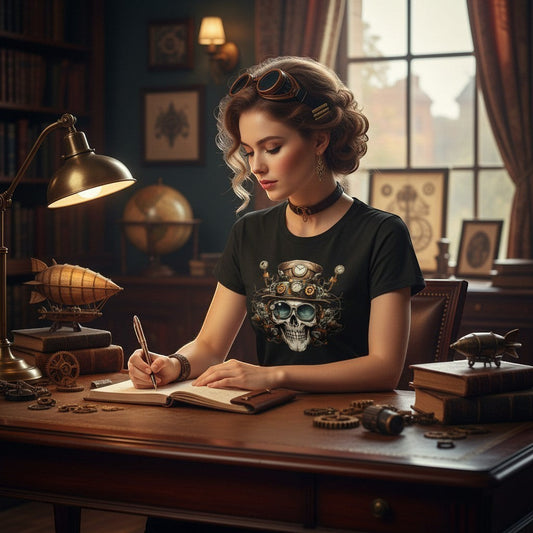 Women sitting wearing a black steampunk skull tee.