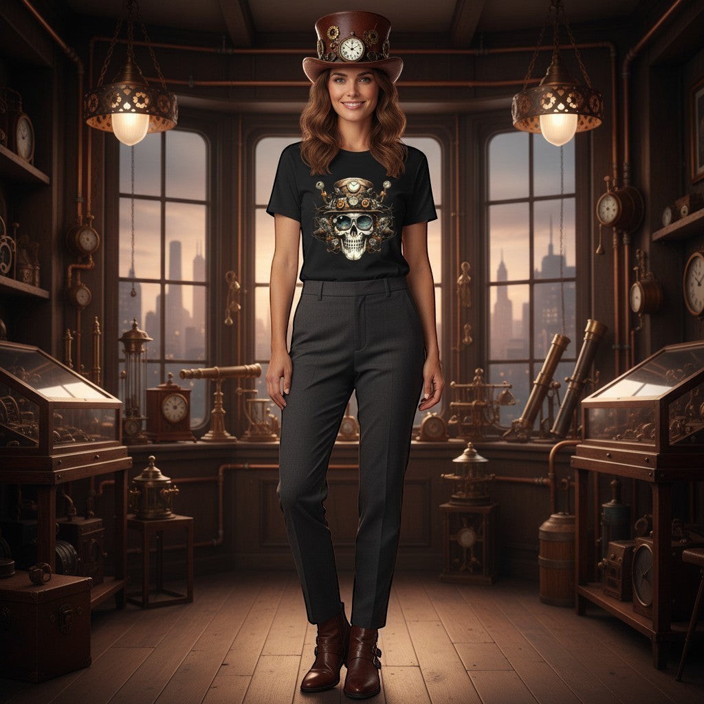 Woman wearing a black t-shirt with a skull design in a steampunk-themed room.