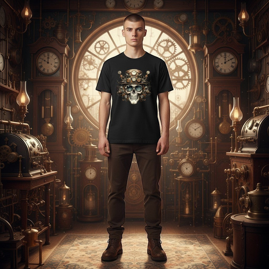 Person wearing a black t-shirt with a skull design in a steampunk-themed room filled with clocks and mechanical devices.