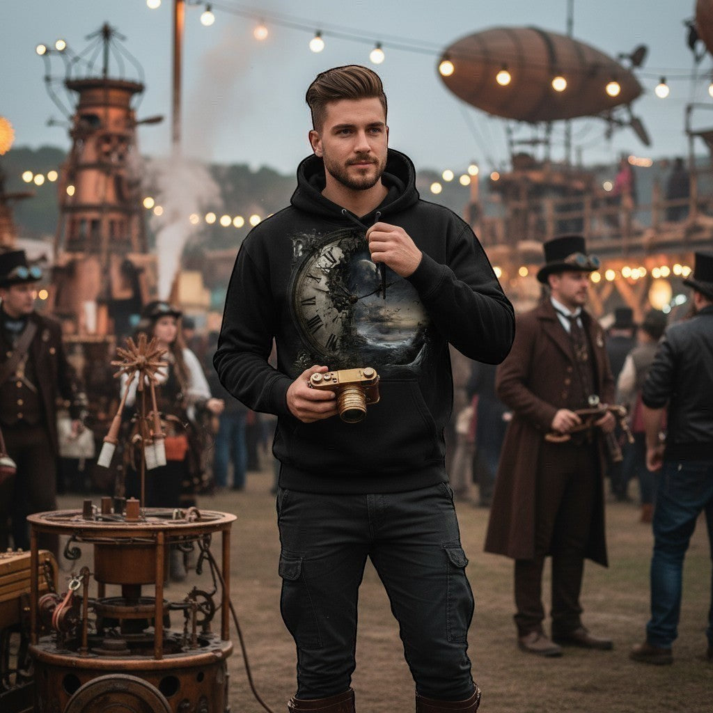 Man in a black hoodie with a clock design, holding a camera, in a steampunk-themed setting.