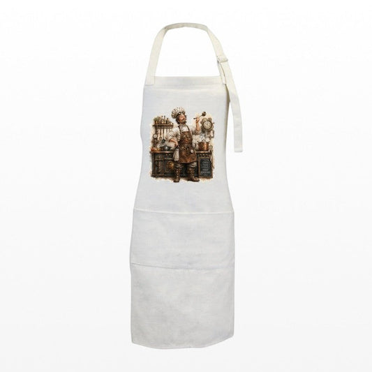 White linen cooking apron featuring a Victorian steampunk chef with brass gear artwork.