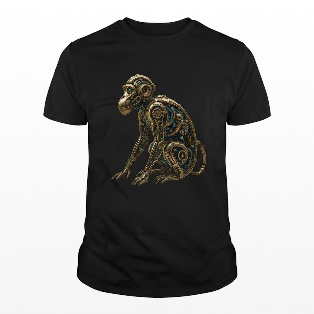 steampunk mechanical fantasy monkey design on a black tee