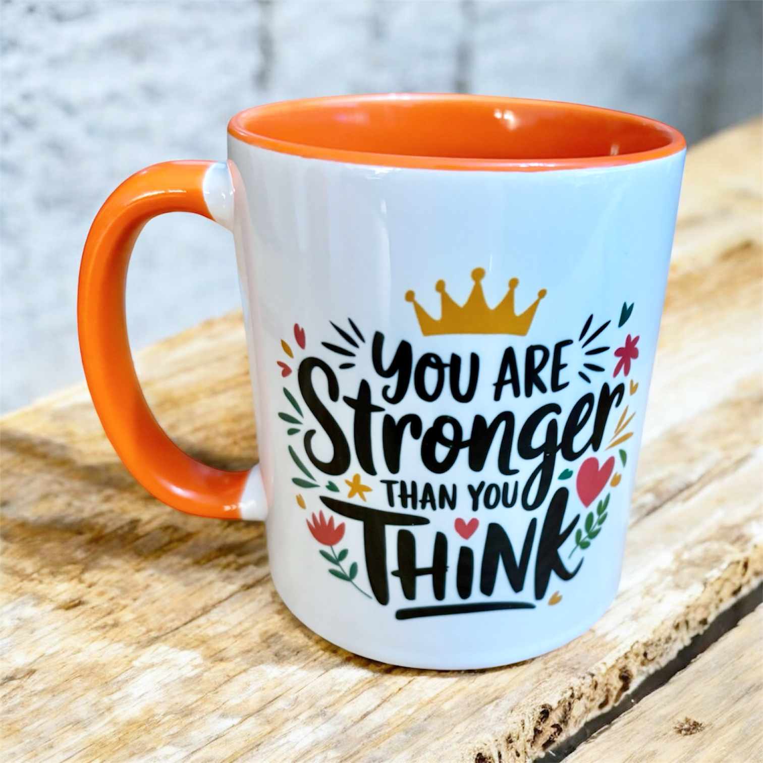 hand printed in the UK orange 2 tone ceramic mug with motivational message 
