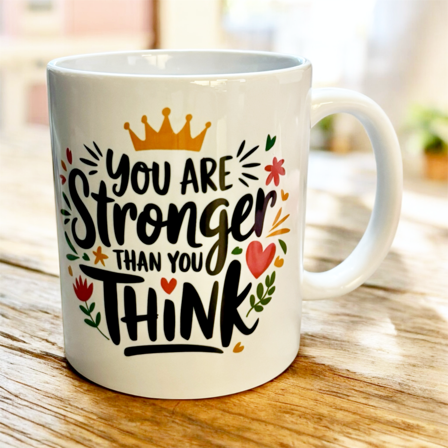 hand printed in the UK white ceramic mug with motivational message close up