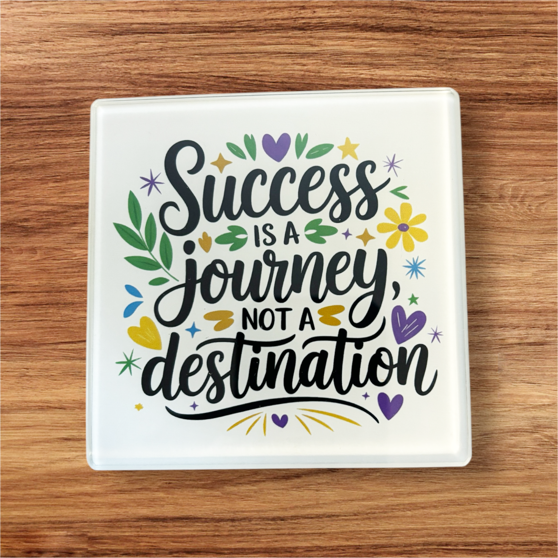 hand printed UK square glass coaster motivational quote success is a journey not a destination