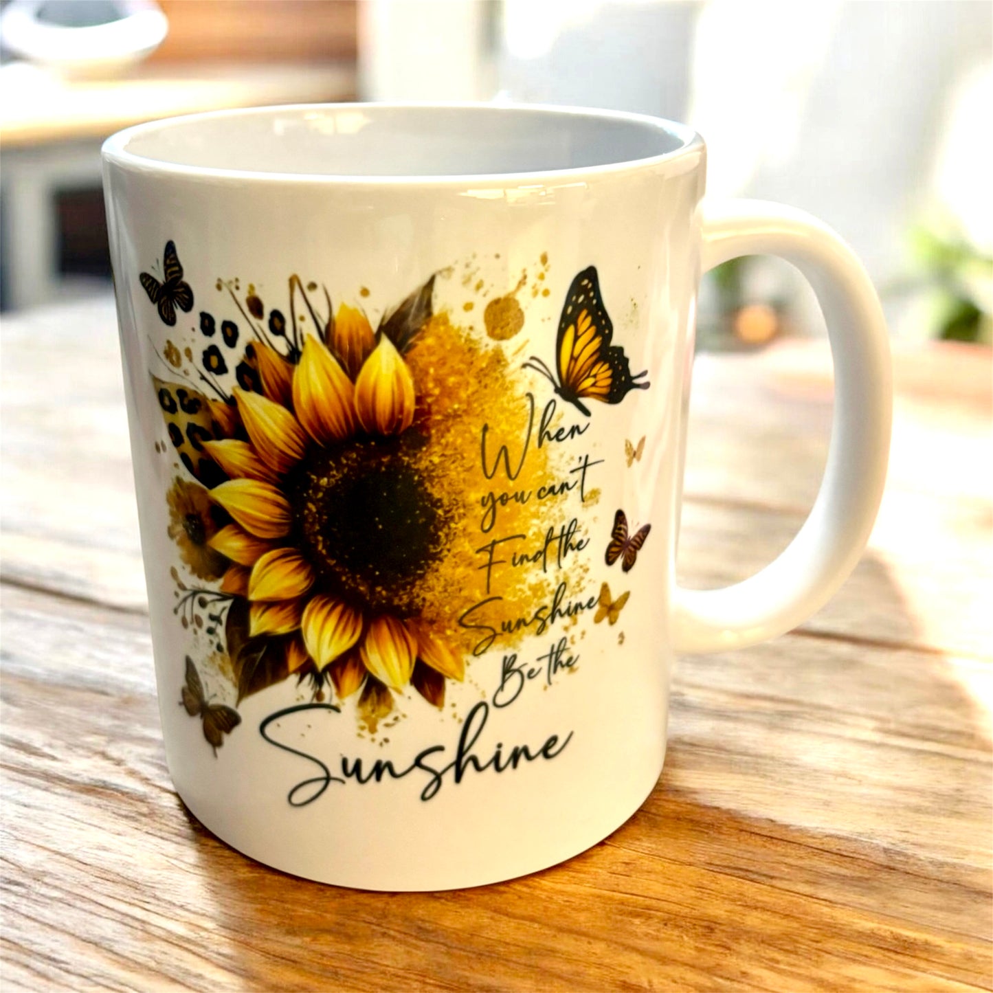 White ceramic mug with be the sunshine design on