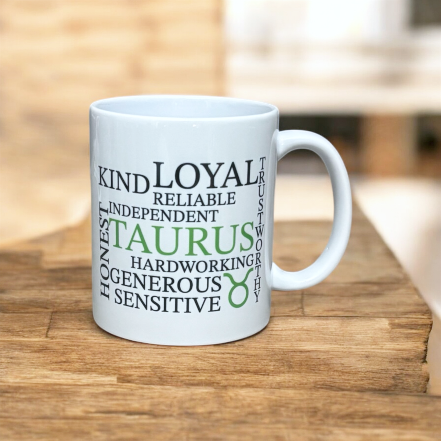 Taurus zodiac mug with illustrated star sign design, printed by hand in the UK