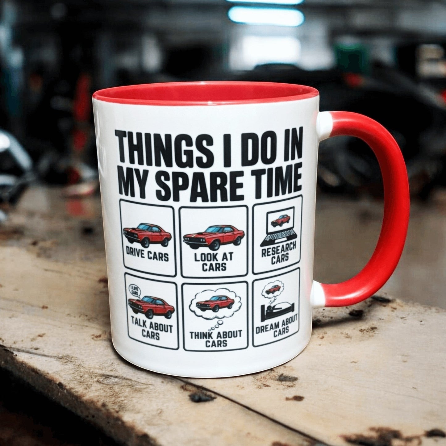 two tone red and white ceramic mug  showing black writing  and colourful car icons