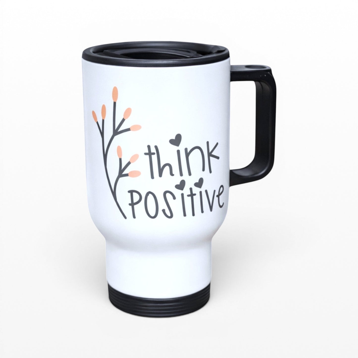 White travel mug with 'think positive' message hand printed UK