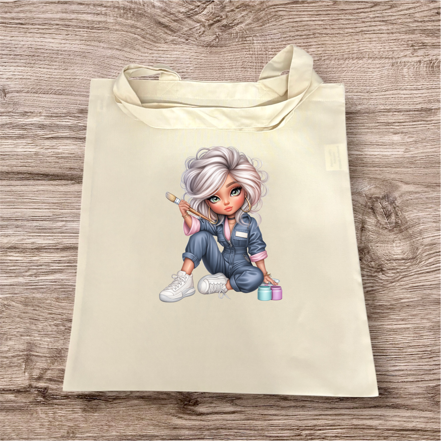 sassy blonde woman design on white tote bag hand printed UK