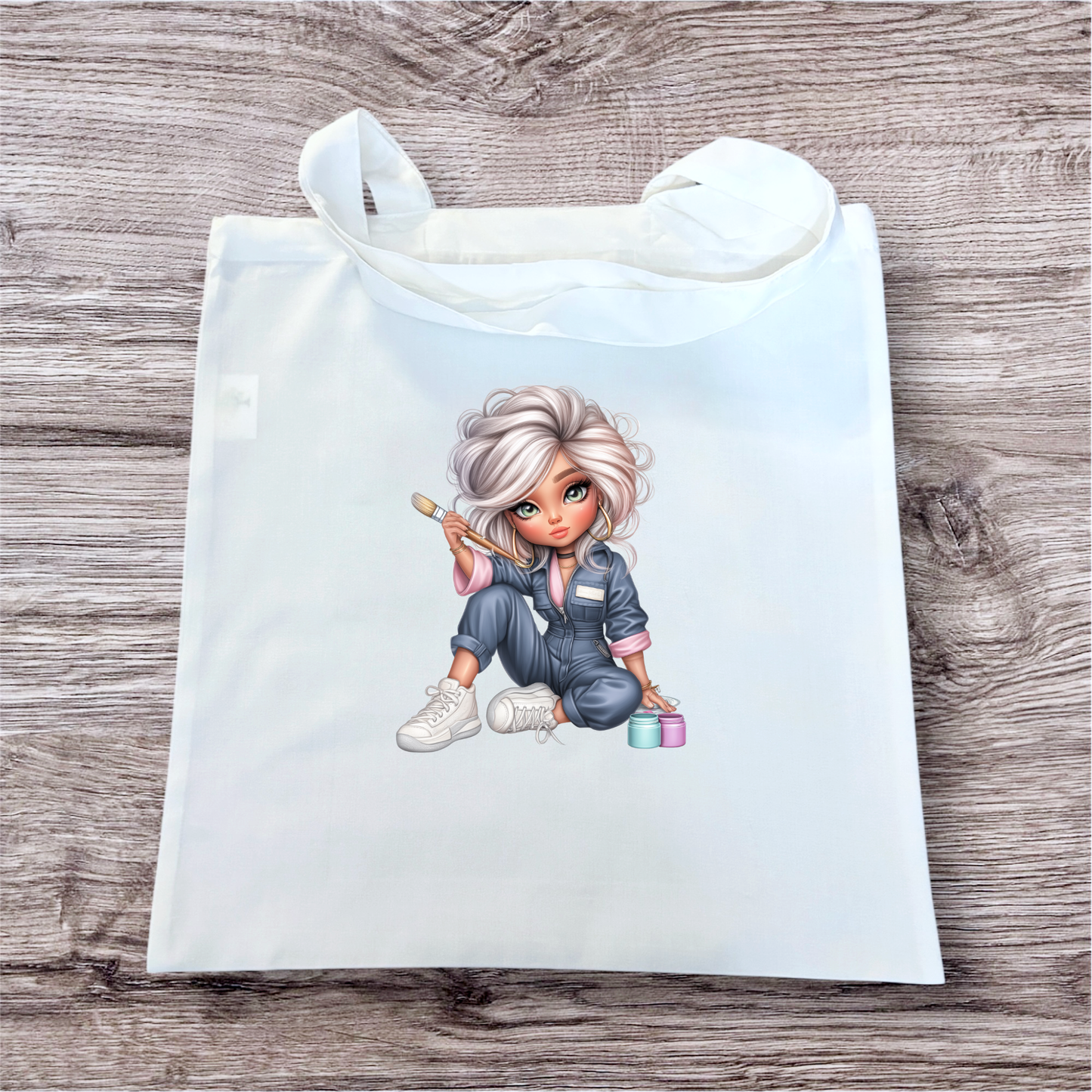 sassy blonde woman design on white tote bag hand printed UK