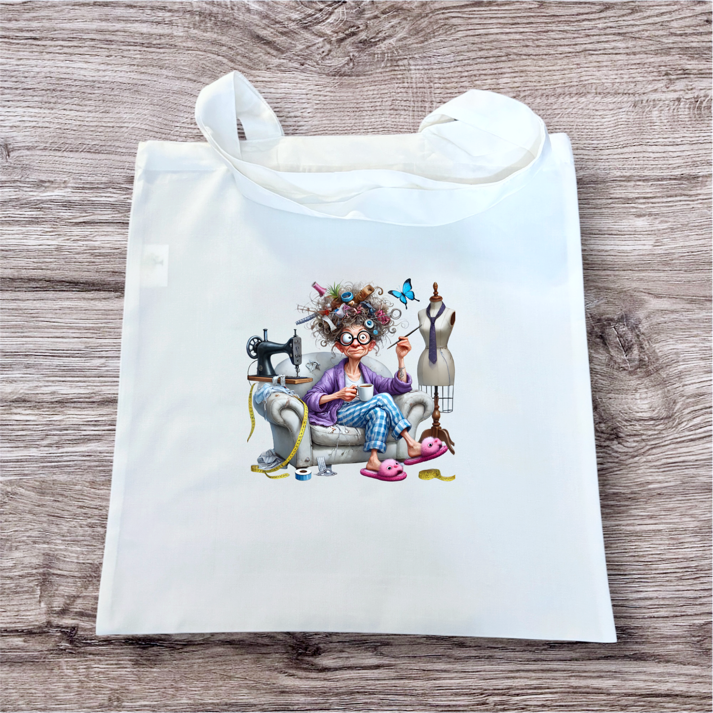 funny seamstress design on white tote bag hand printed UK