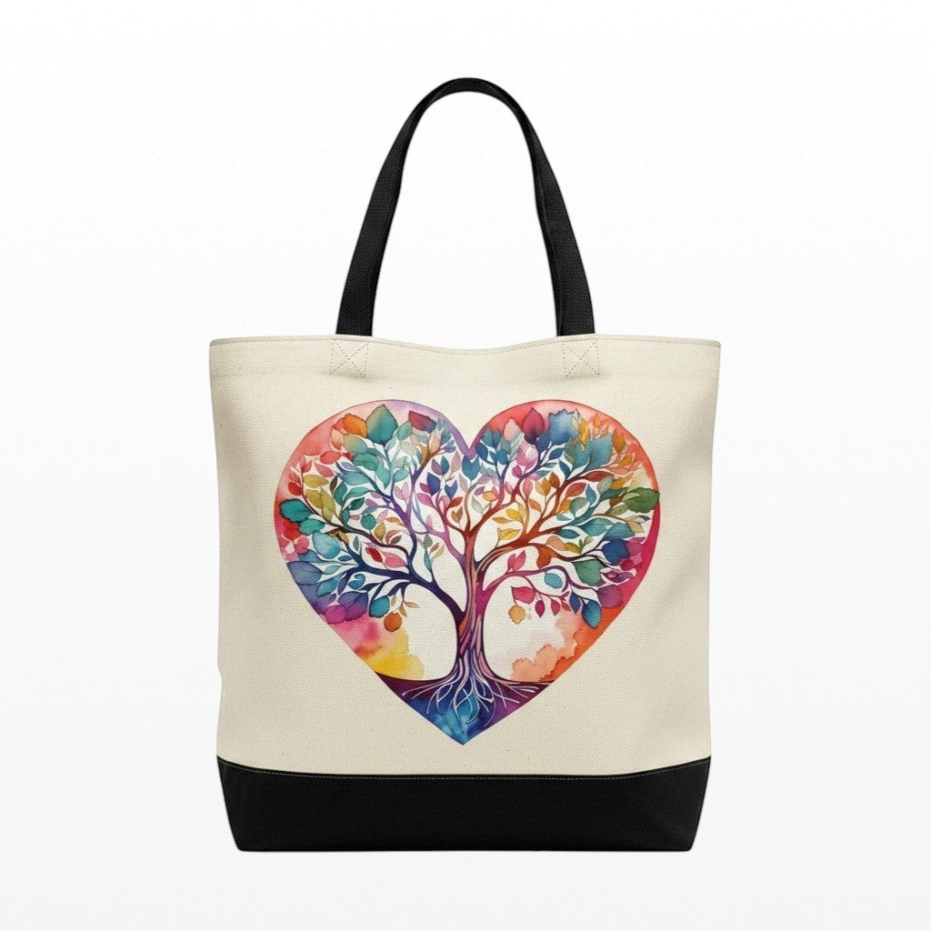 Tote bag with a colourful tree of life design on a heart shape, on a white background