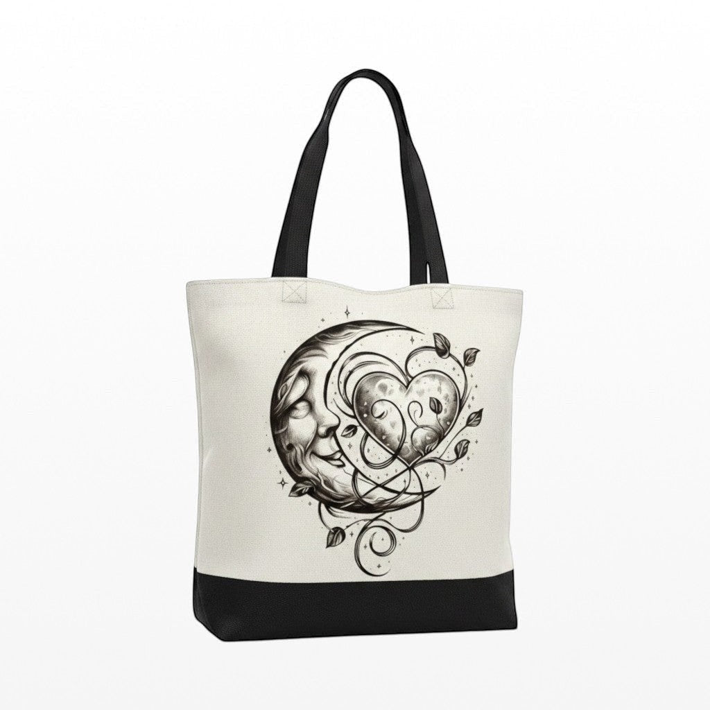 Tote bag with black heart and moon design on a white background