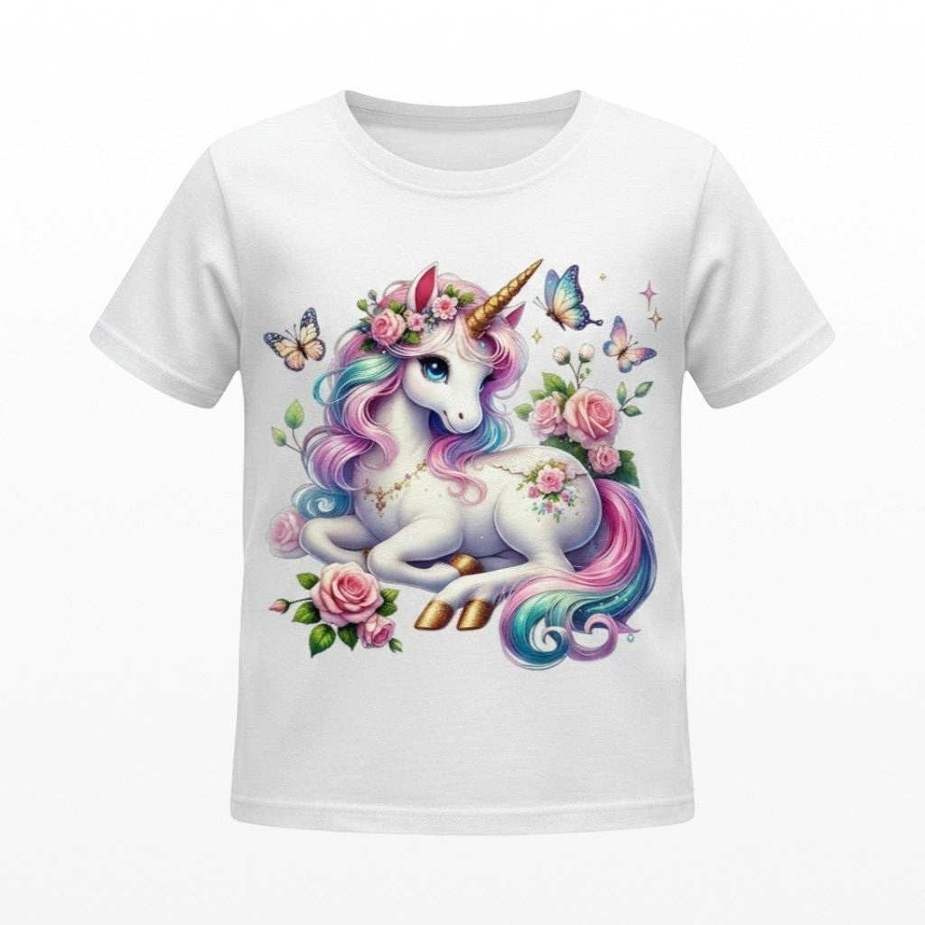 White t-shirt with a colorful unicorn design on a white background