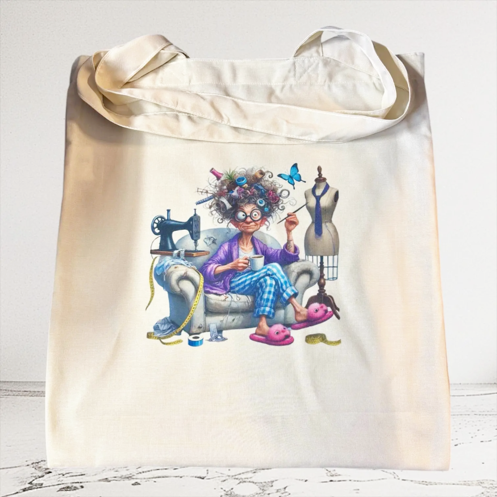 vanilla tote bag with funny seamstress design hand printed in UK