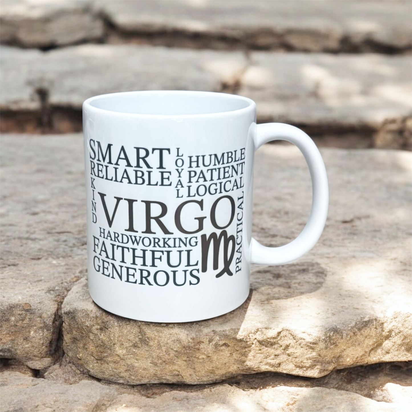 Hand printed in the UK, Virgo zodiac mug with illustrated star sign design