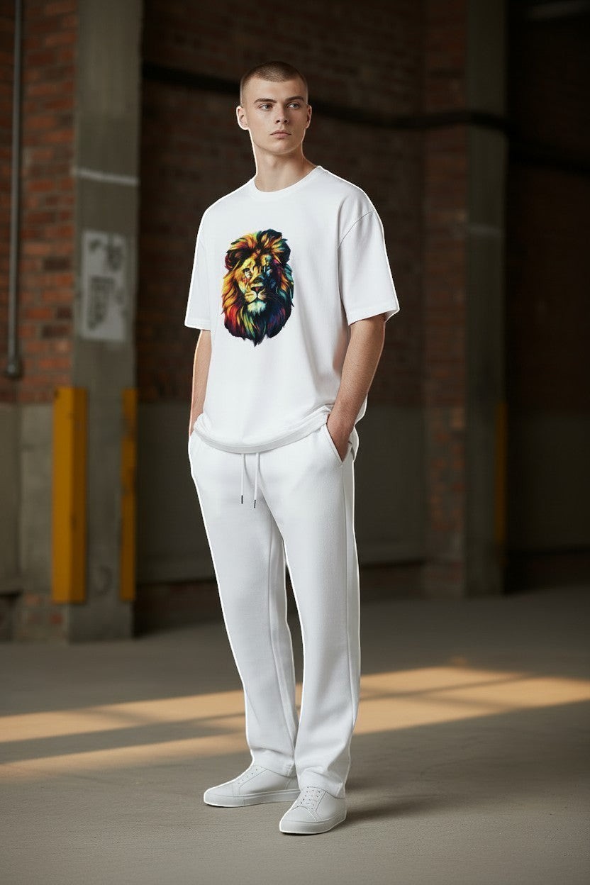 Man wearing a white t-shirt with a colorful lion graphic in an urban setting
