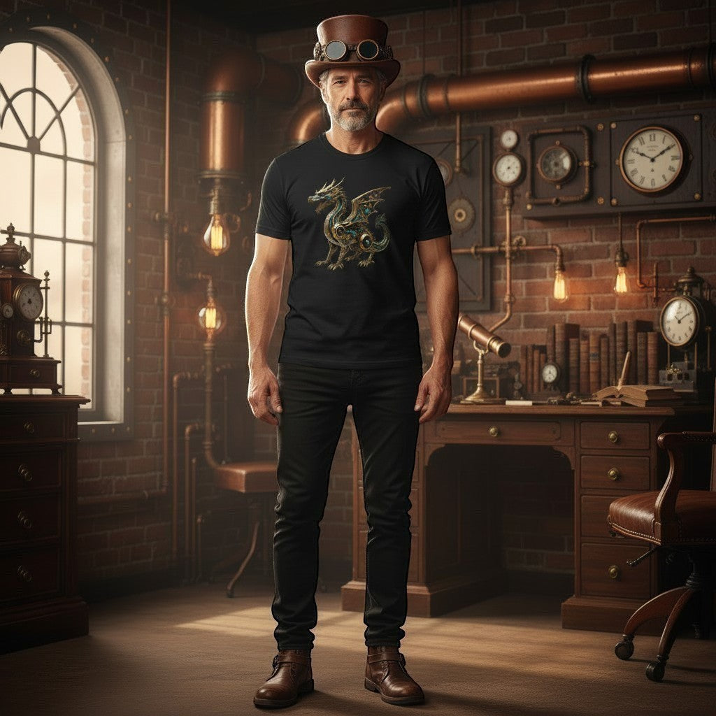 Man wearing a black t-shirt with a dragon design in a steampunk-style room.