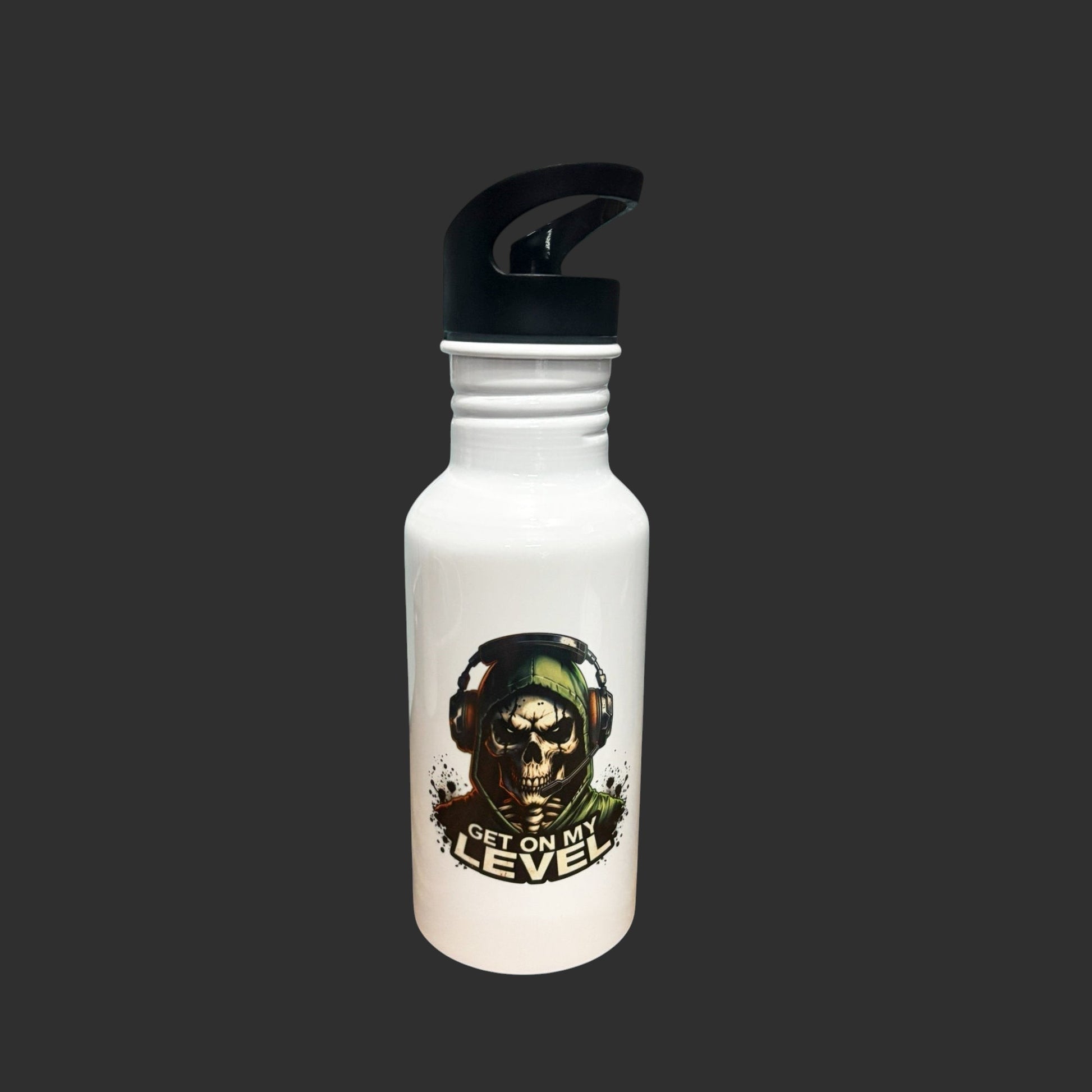 metal water bottle with skull and get on my level graphic