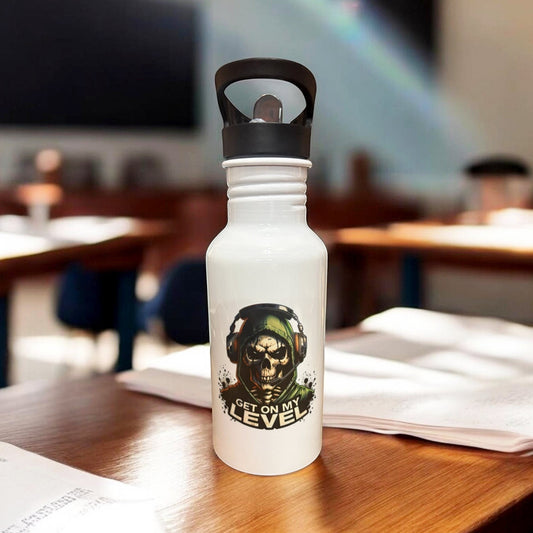 metal water bottle with skull and get on my level graphic on classroom desk