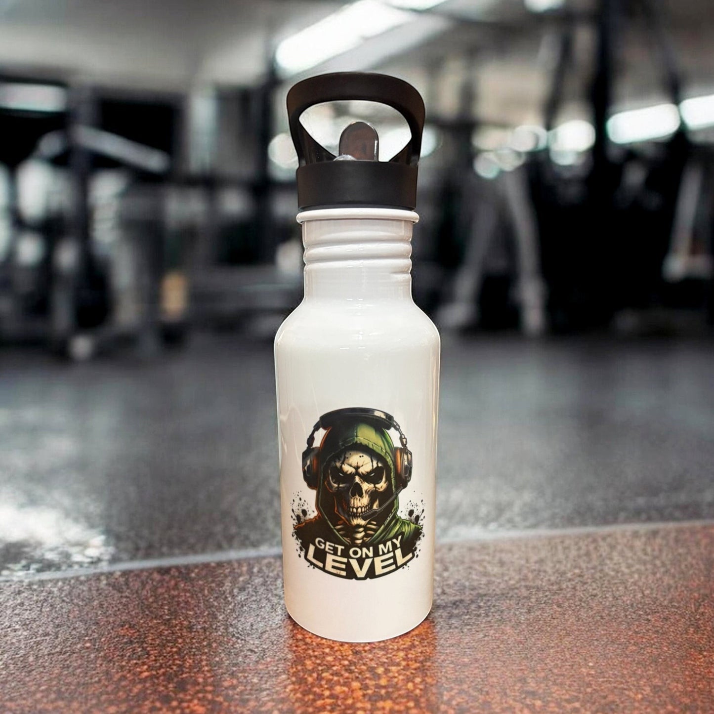 metal water bottle with skull and get on my level graphic on gym background