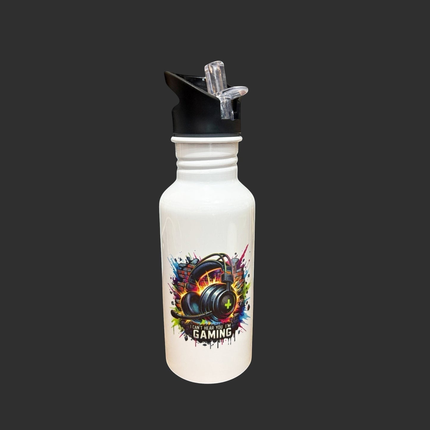 White water bottle with gaming-themed design on a dark background