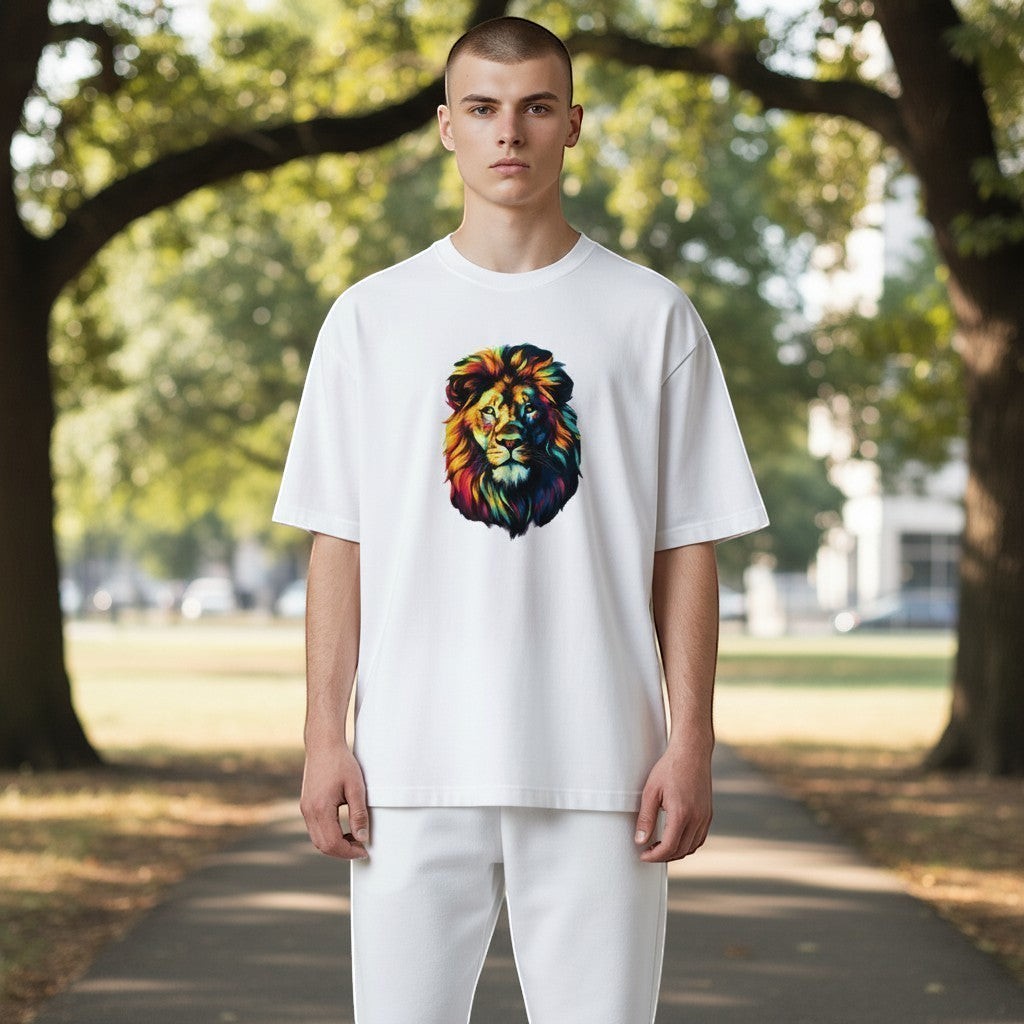 Person wearing a white t-shirt with a colorful lion graphic in an outdoor setting