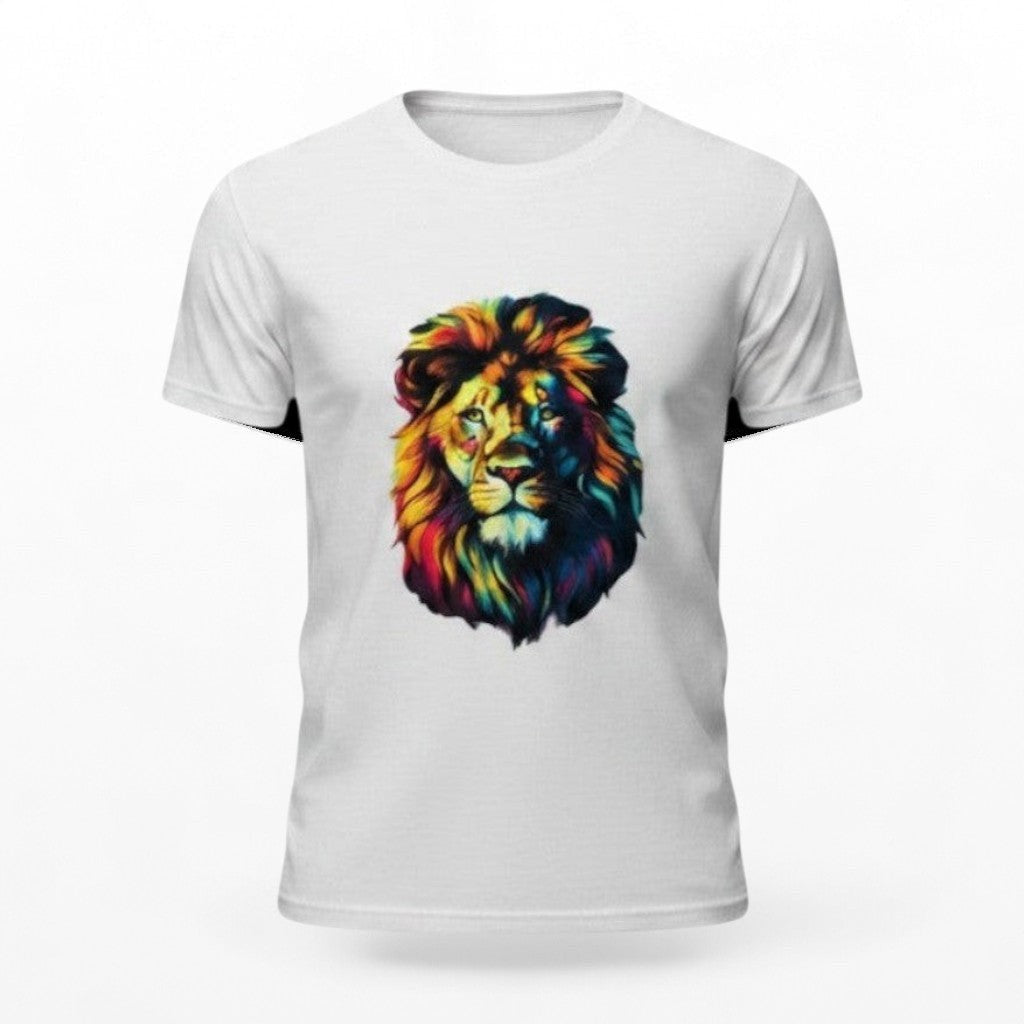 White t-shirt with a colorful lion graphic on a white background