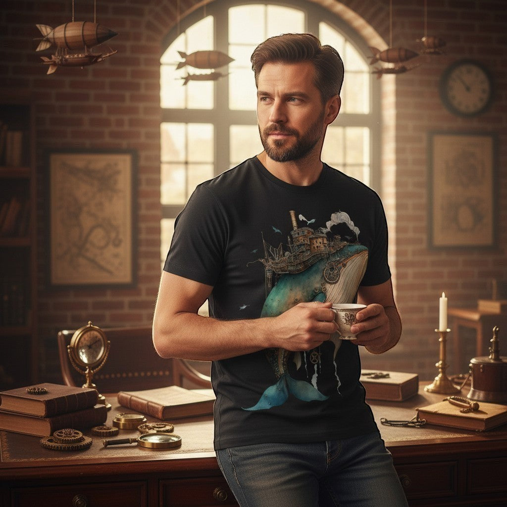 Man wearing black tee with whale design