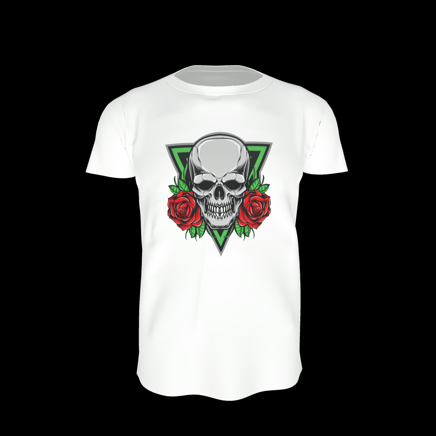 skull and roses design sublimation print on a white tee hand printed UK