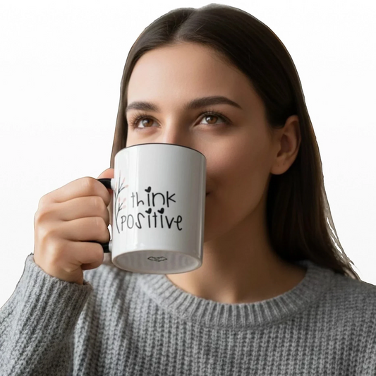 White ceramic mug with black handle and rim, featuring "think POSITIVE" text and floral design. Woman drinking from mug.