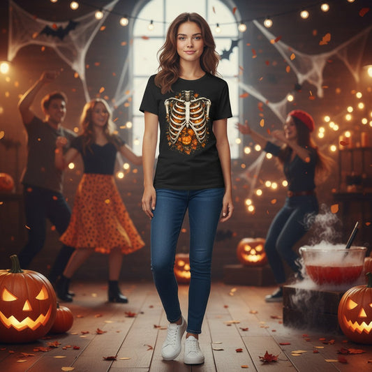 A woman stands in a Halloween-themed room wearing a black graphic T-shirt with a glowing orange and white skeleton design, blue jeans, and white sneakers. Pumpkins, cobwebs, string lights, and dancing people appear blurred in the background.
