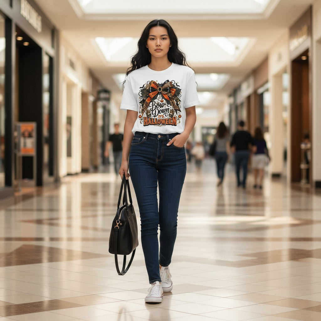 A woman walks down a brightly lit shopping mall corridor wearing a white graphic T-shirt with a large bow illustration and text, dark blue skinny jeans, white sneakers, and carrying a black handbag.