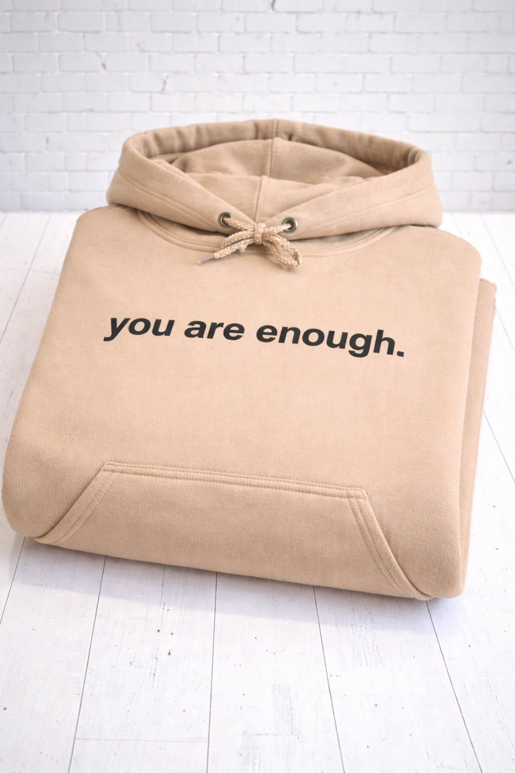 Pressed in the UK Sand hoodie with self care message