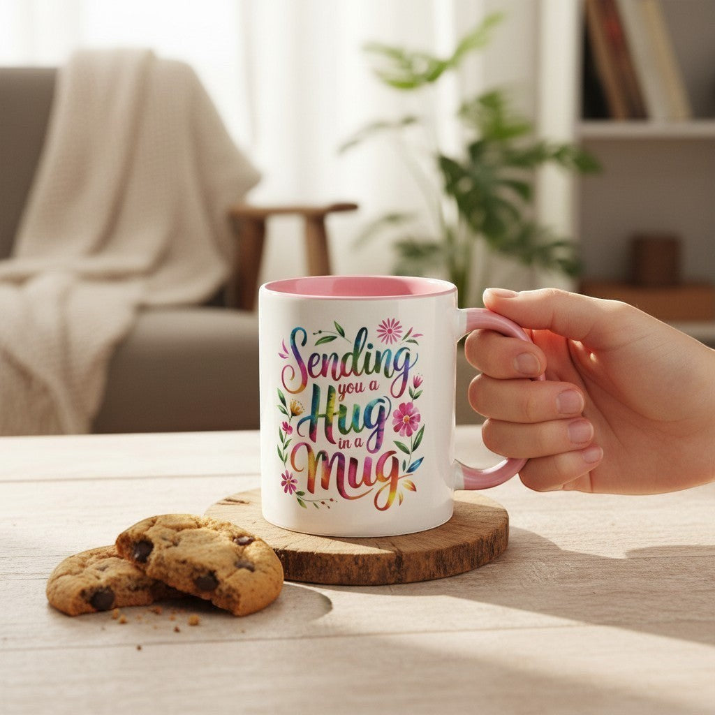 Mug with colorful text held by a hand on a table with cookies, in a cozy indoor setting.