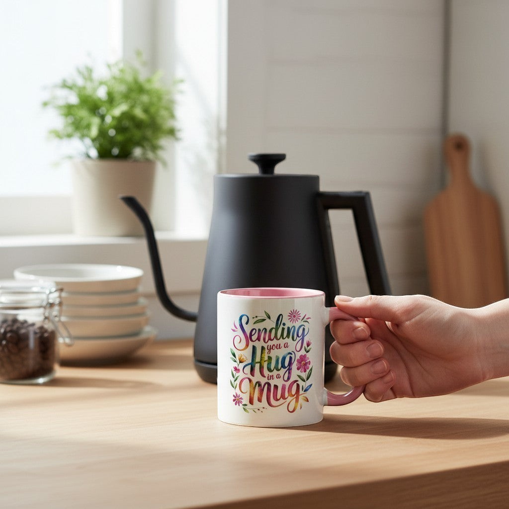 Person holding a mug with 'Sending you a hug in a mug' text in a kitchen setting.