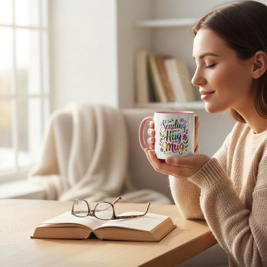 Hug in a mug women drinking from it