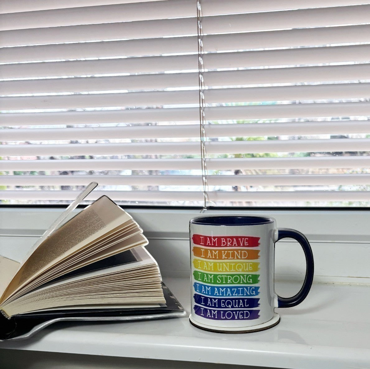 hand pressed affirmations mug on window sill