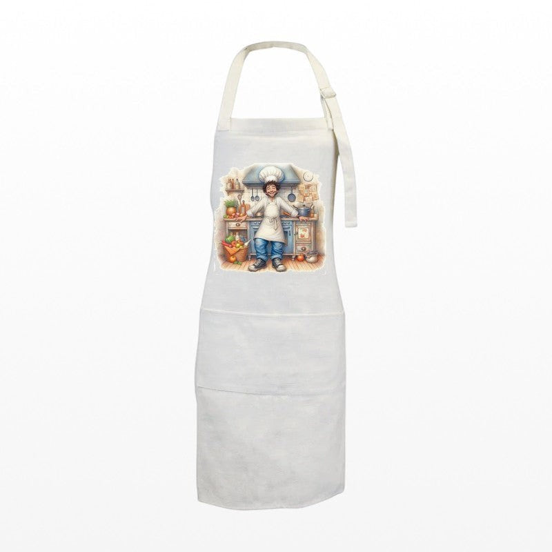 White cooking apron featuring a whimsical chef illustration in a kitchen setting.
