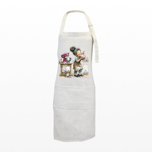 White linen cooking apron featuring a cute baking illustration with a girl and mixer.