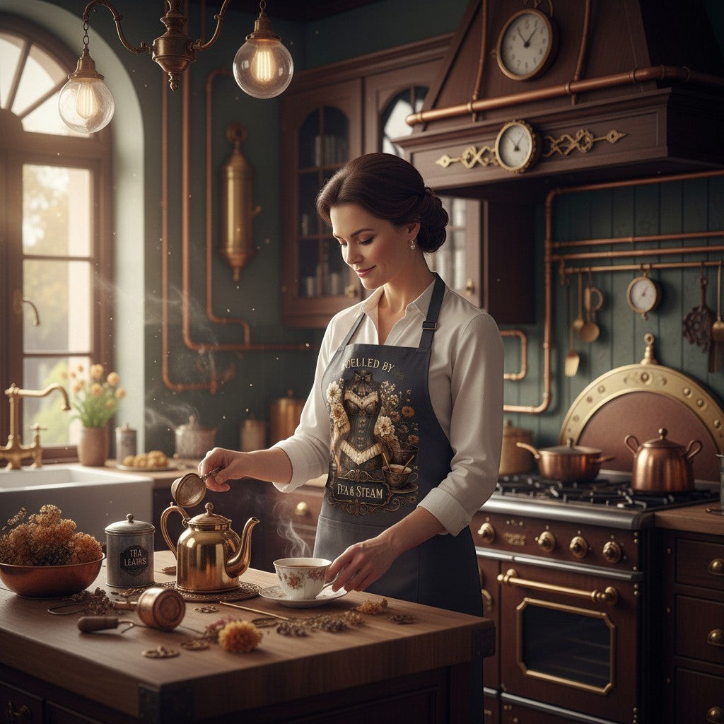 Woman in a vintage kitchen preparing tea