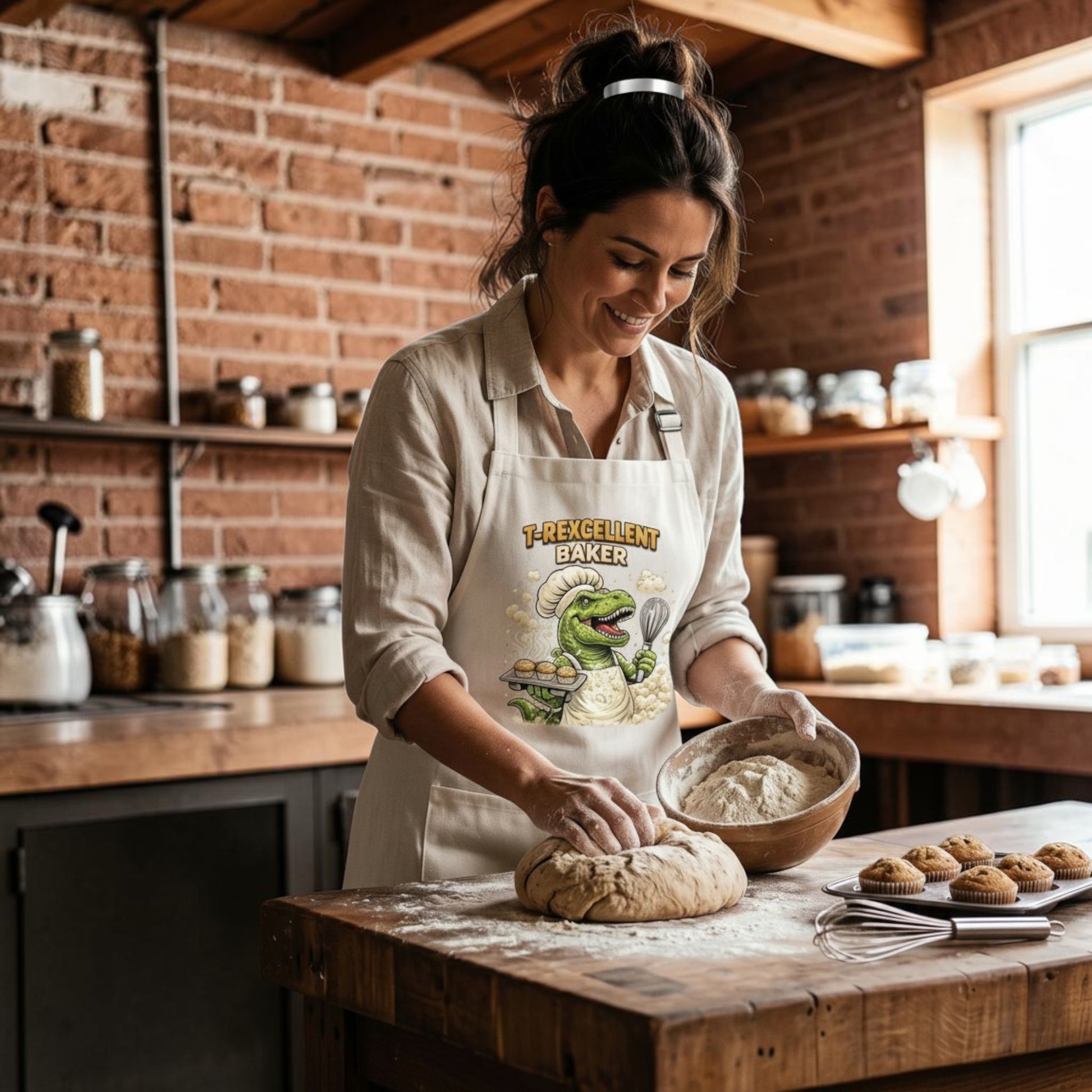 Woman wearing an T-Rexcellent Baker apron while kneading dough in a rustic kitchen.