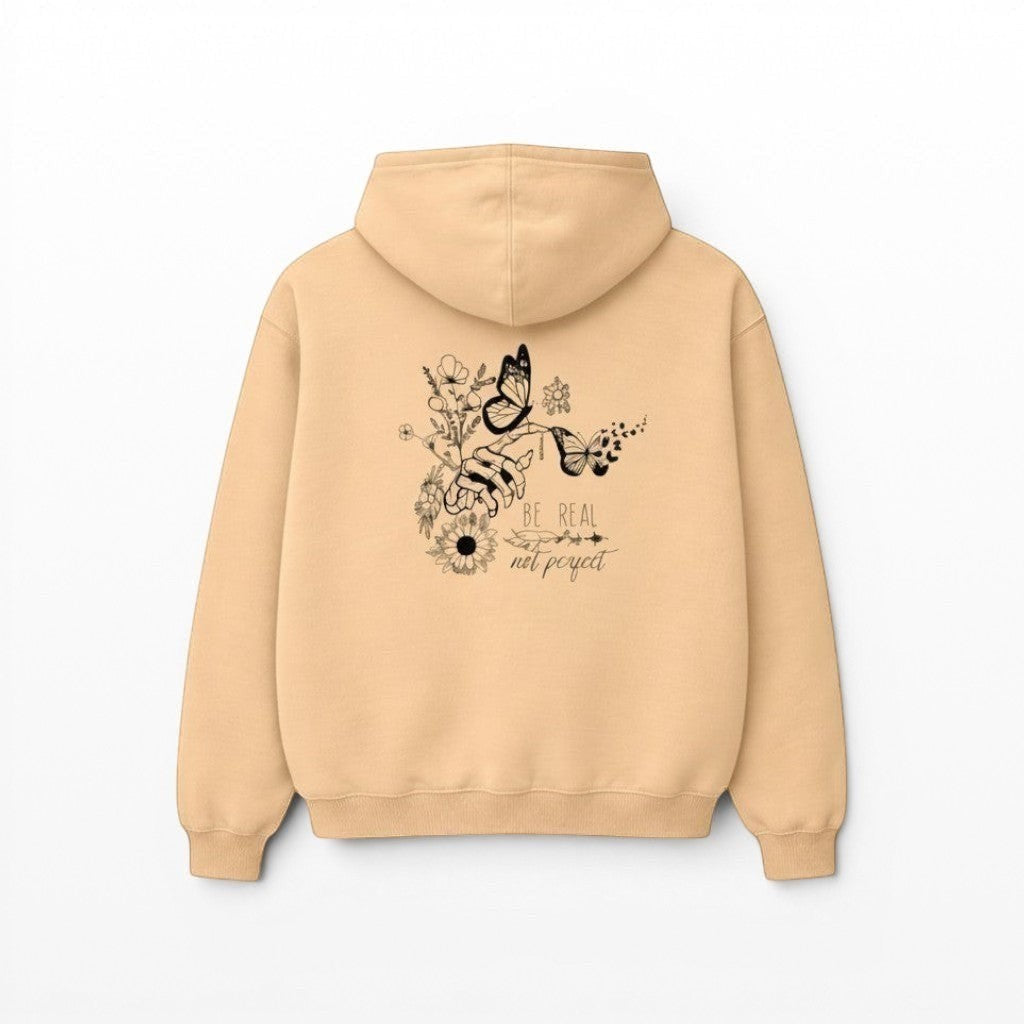 Beige hoodie with a floral and butterfly design on the back against a white background