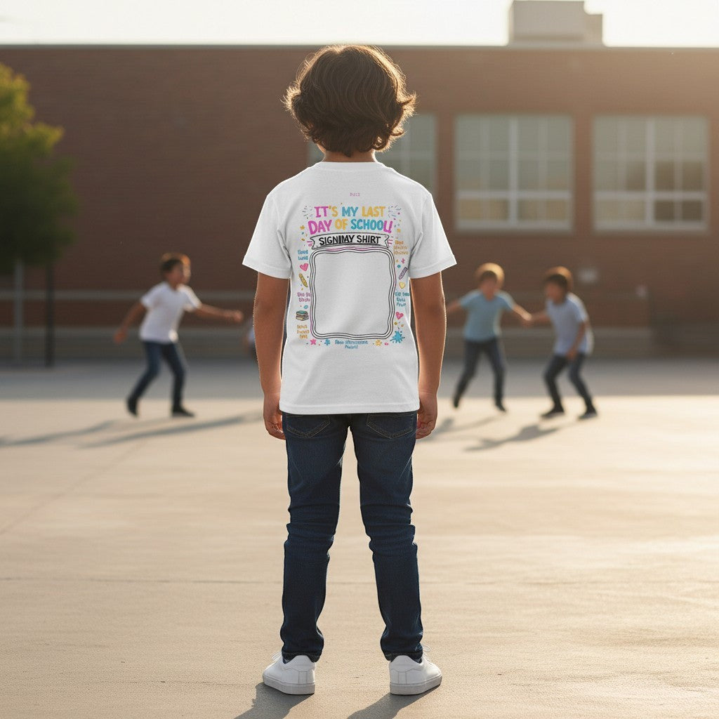 Child wearing a white t-shirt with text on the back, standing in an outdoor setting with other children playing in the background.
